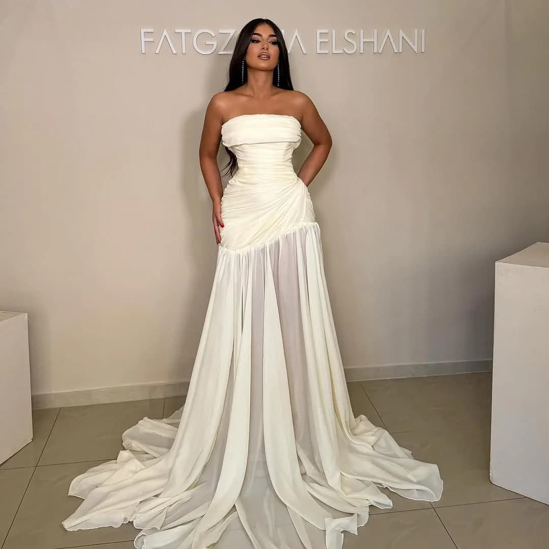 Elegante abito da sera in raso bianco con abito da ballo per feste di ballo, cocktail, abiti formali, strascico lungo, abito alla moda da donna