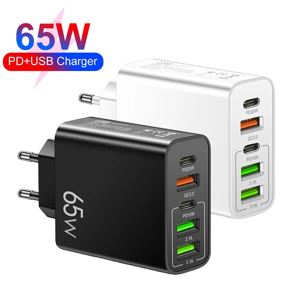5 in 1 USB C Charger PD 65W Fast Charging Phone Power Adapter For iPhone Samsung Xiaomi Quick Charge EU/US/UK Plug Wall Charger
