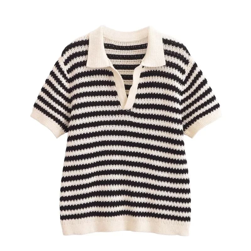 2025 T-shirt da donna in cotone lavorato a maglia a righe, colletto polo, manica corta, casual, primavera estate, abbigliamento quotidiano per il fine settimana di strada
