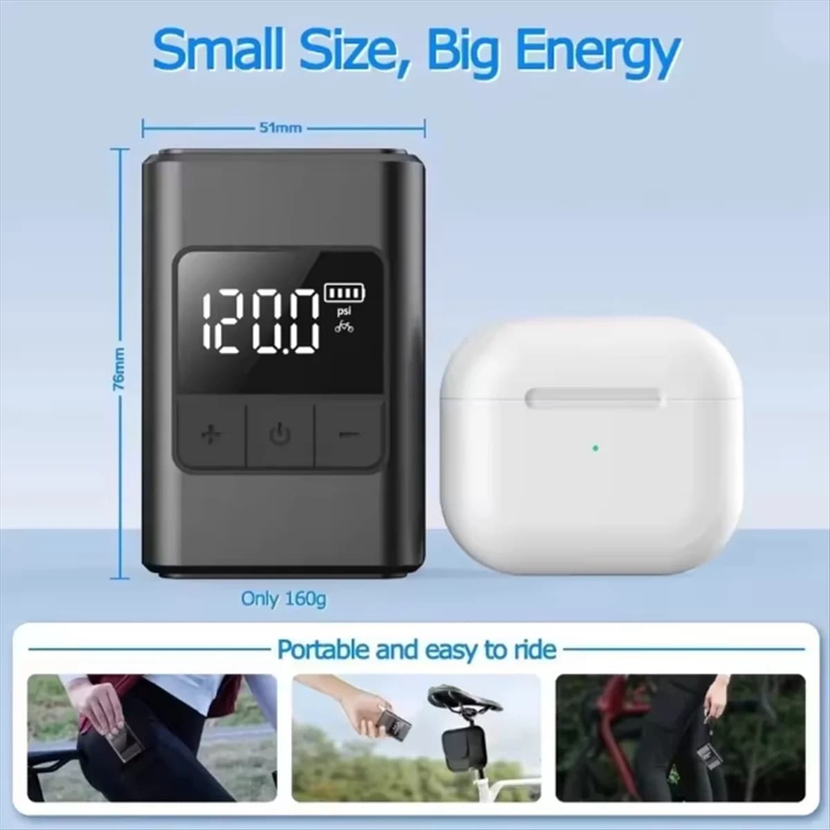 AA25 Mini pompa per bici elettrica portatile 120PSI 1300mAh Pompa di aria per bicicletta elettrica USB-C Gonfiatore ad alta pressione ricaricabile