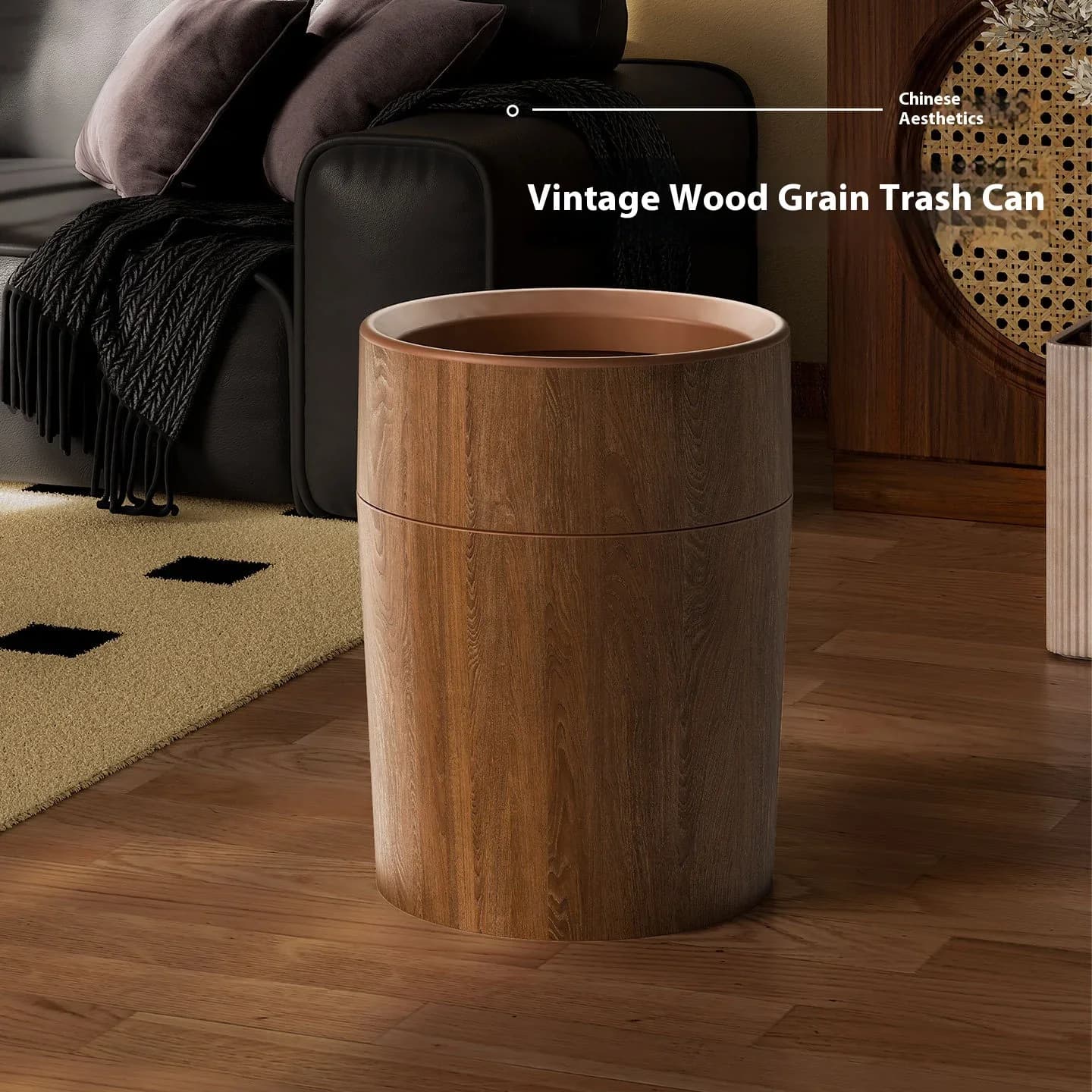 Vintage Imitating Wood Grain Wastebasket Opening Trash BinHome Living Room Trash Kitchen Double Layered Large Capacity Trash Can