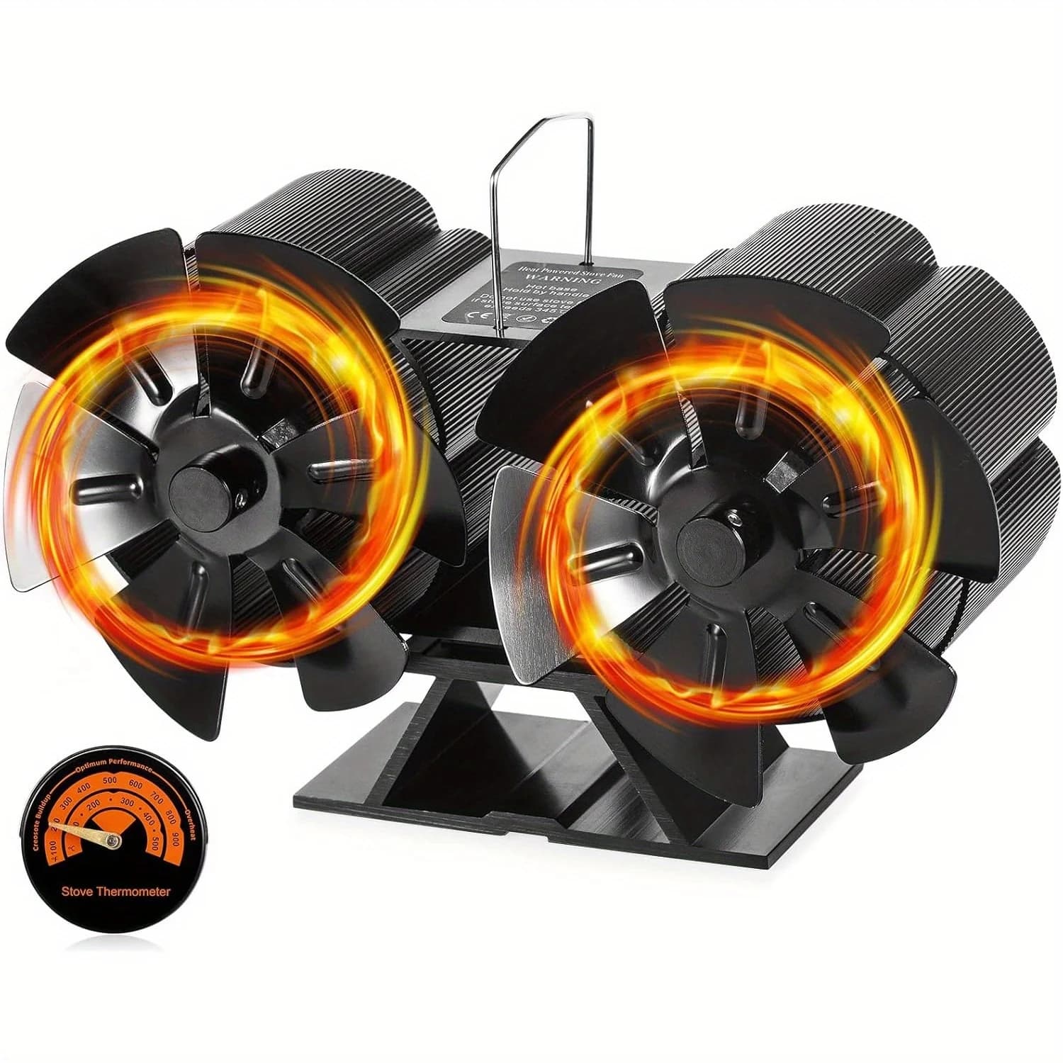 Wood/burner stove fan for logs/camino/heater, non-electric, fuel circulation to save hot air (with magnetic thermometer)