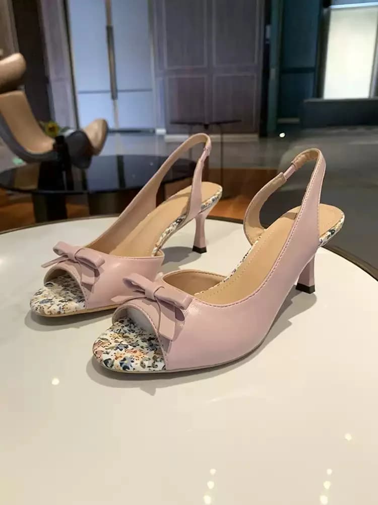 Sandali da Donna in Pelle Verniciata con Fiocco, Punta Aperta, Tacco Largo e Stampa Floreale, Eleganti e Casual, Calzature Slip-On Versatili