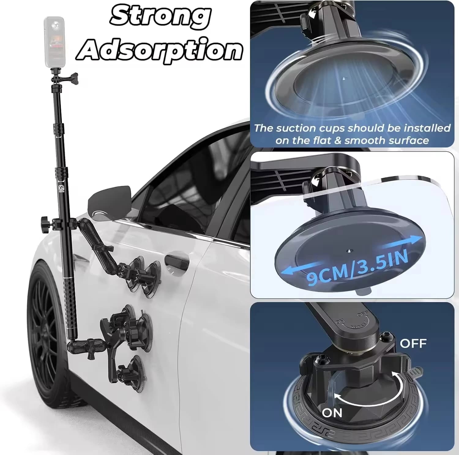 Supporto per Telecamera Auto con 5 Ventose e Asta Selfie Estensibile in Alluminio, Supporto Robusto per Action Camera GoPro Insta360 DJI