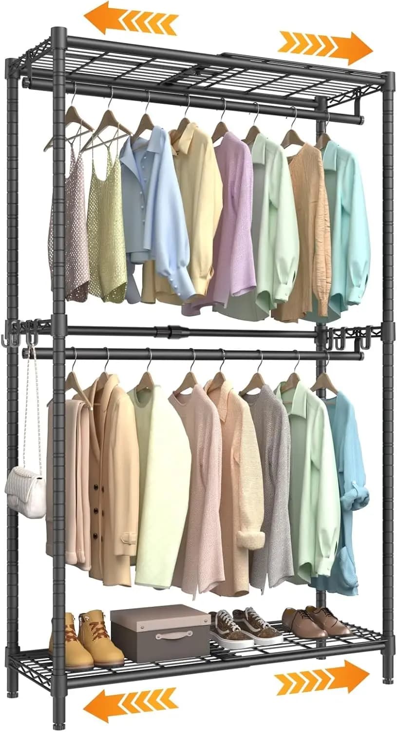 Expandable Clothes Rack Heavy Duty Adjustable Height & Width (22"-38") with Shelves and Hanger Rods for Bedroom