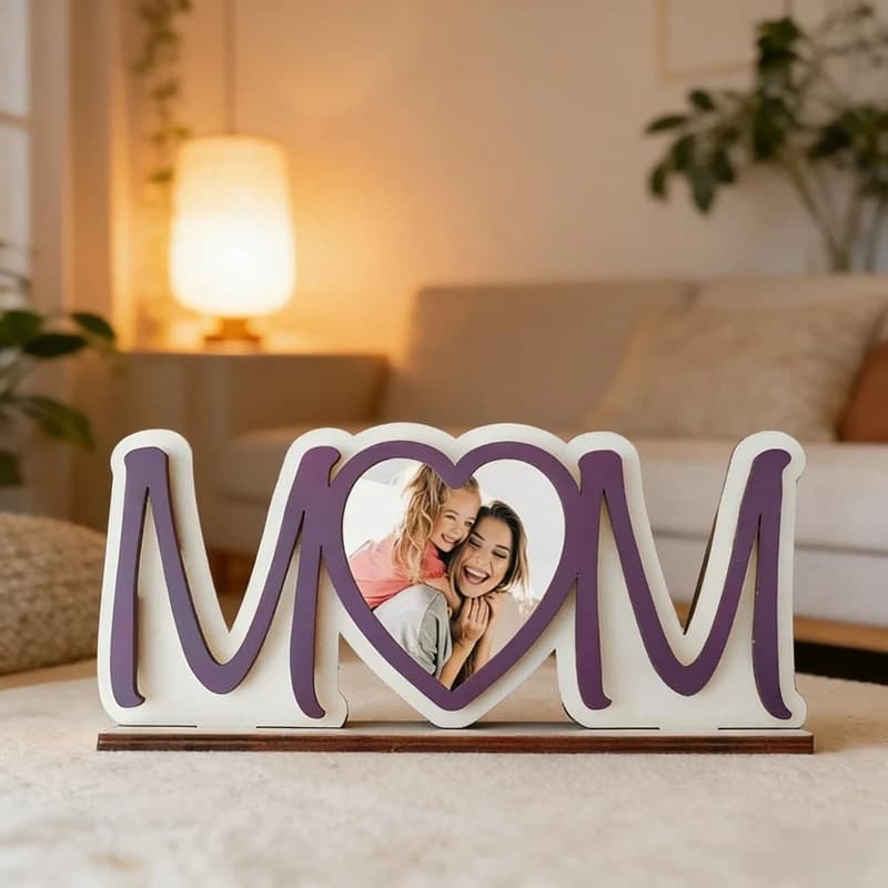 Cornice Fotografica in Legno con Stampa su Fetta di Legno, Incisione Testo Logo, Decorazione Casa, Regalo per Festa della Mamma e Anniversario