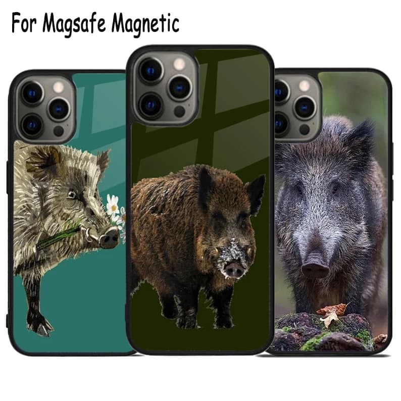 Cover Magnetica Magsafe con Bumper per iPhone 17 Air 15 16 16e 14 13 11 12 Pro Max Plus, Design Cinghiale Selvatico Marrone
