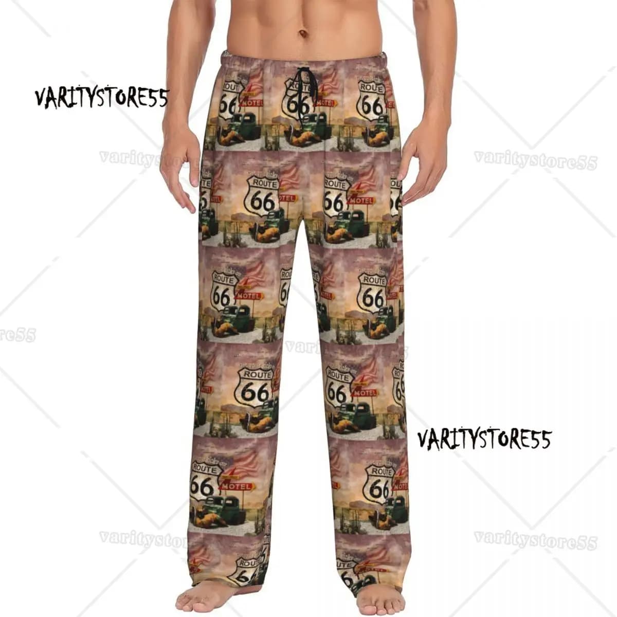 Routes personalizzati 66 Pantaloni del pigiama Indumenti da notte Cintura elastica da uomo Ottieni i tuoi patatine sui routine 66 Pantaloni da salotto per il sonno con tasche