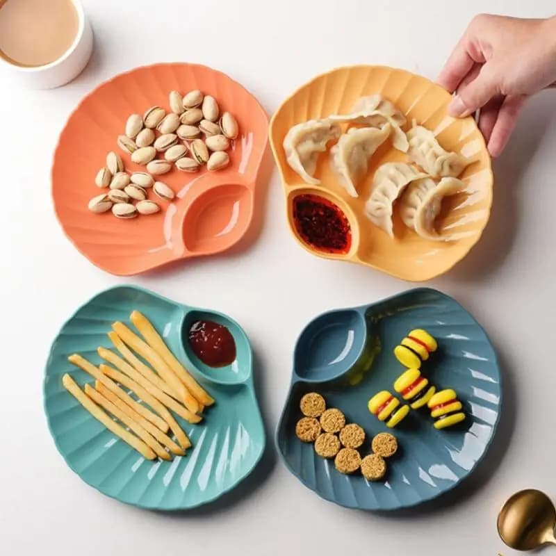 Piatto in plastica per dumpling con scomparti per salse/aceto, ideale per sushi, colazione, frutta secca, snack e per la scarto delle lische.