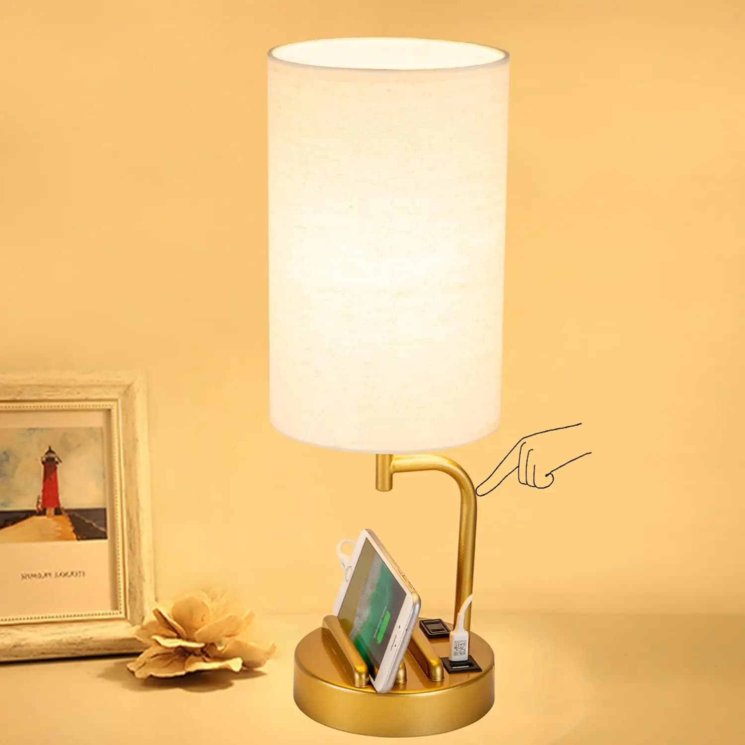 Lampada da Tavolo USB con Controllo Touch, LED Dimmerabile, Porte di Ricarica USB C/A e Presa AC per Camera da Letto e Scrivania