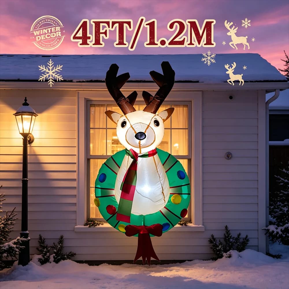 4FT Hanging Christmas Inflatable DIY Decor Reindeer Blow up Window Wall Decoration with LED Lights for Xmas Home Outdoor Decor