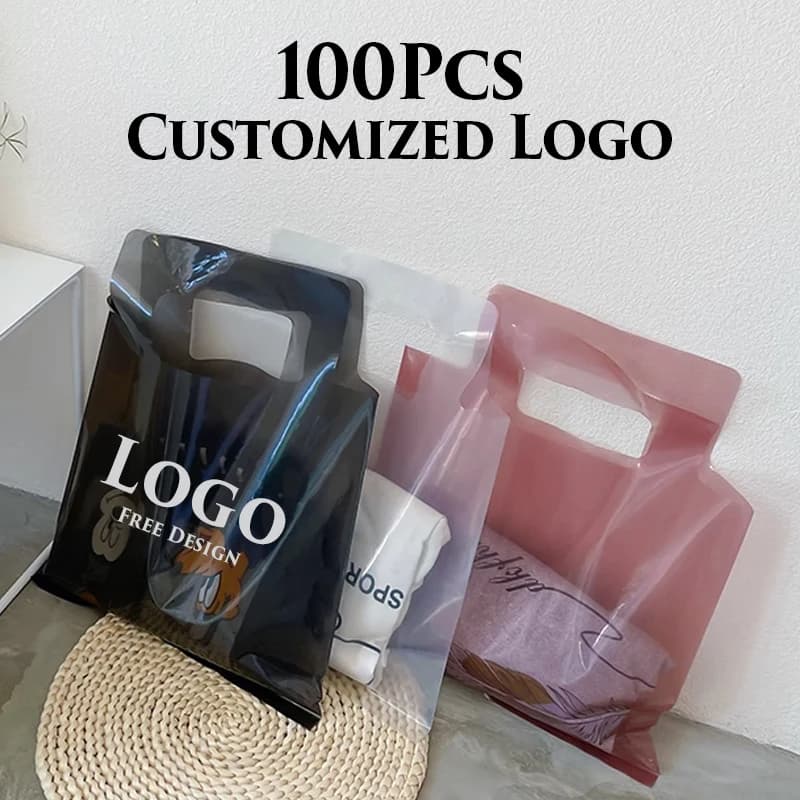 Sacchetti di plastica trasparenti con logo personalizzato da 100 pezzi Sacchetti di bomboniere per feste di nozze per vestiti/scarpe Sacchetti per confezioni regalo Borsa da lavoro