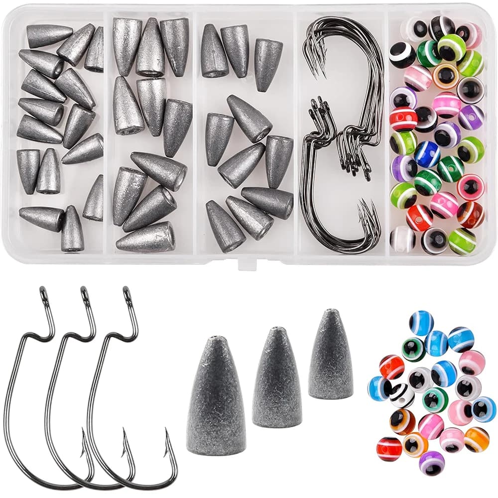 80 pieces Texas Rig Carolina Fishing Rig Kit includes endless screw poplars Fish Eye Beads Offset Seamless Screw Hooks Bass Fishing Equipment