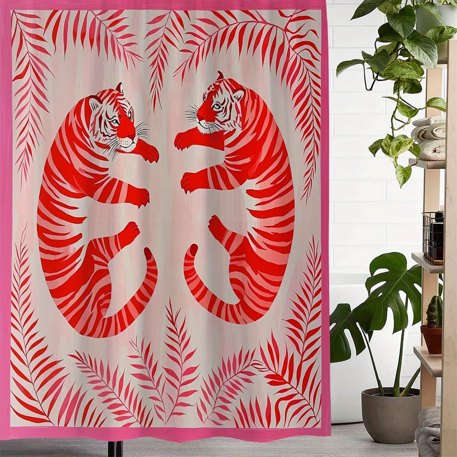 Tenda da doccia con stampa tigre rossa - Motivo con foglie di palma tropicali, decorazione impermeabile per il bagno, tema animali boho, diverse misure