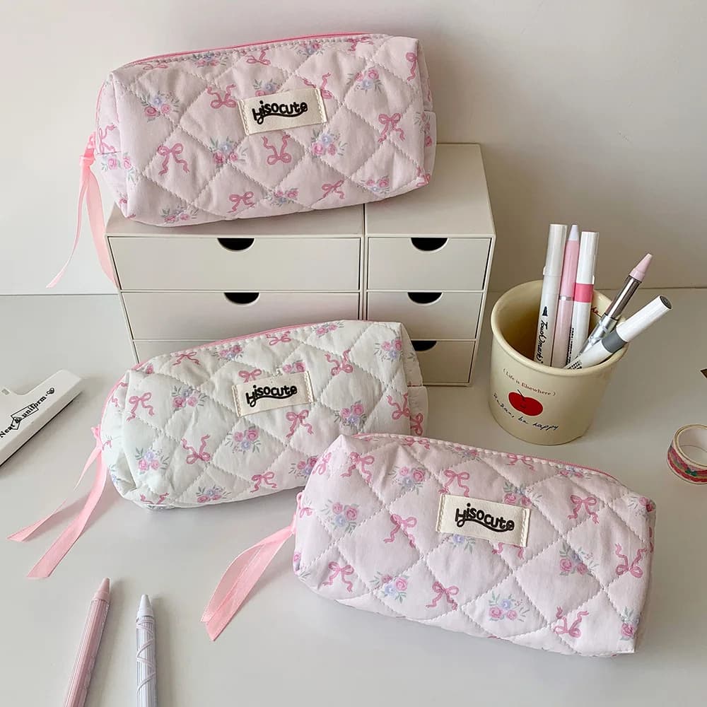 Astuccio Scolastico Rosa con Fiocco alla Moda, Portamatite per Studenti, Borsa da Viaggio per Trucchi di Grande Capacità, Regalo per Donne