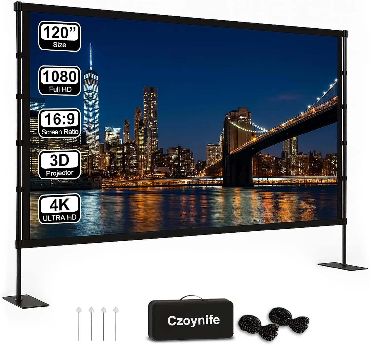 Schermo per Proiettore Portatile da 120 Pollici con Supporto, Compatibile 4K HD e 3D per Film al Chiuso e all'Aperto