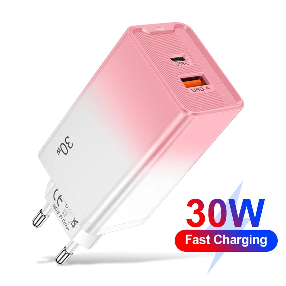 Caricabatterie rapido totale 30W 2 porte PD + USB Tipo C Ricarica rapida per iPhone Xiaomi Samsung Huawei Adattatore per caricabatterie da muro Spina UE/Regno Unito