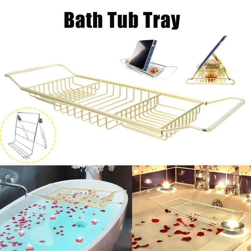 Supporto per laptop Vassoio per vasca da bagno in filo metallico Vassoio per vasca da bagno in acciaio inossidabile Mensola per tavolo da bagno espandibile su rack per vasca da bagno Opzionale con supporto