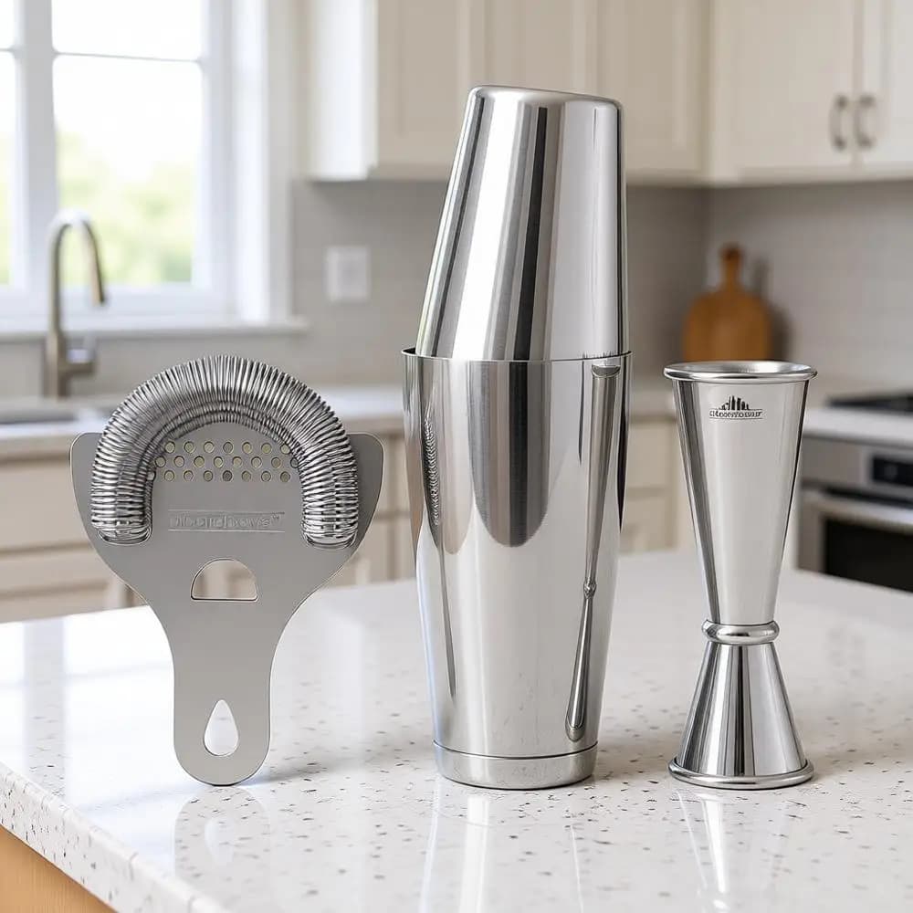 Set da Barman Professionale 4 Pezzi con Shaker Boston, Colino, Jigger, Accessori da Bar in Acciaio Inox per Cocktail Artigianali, Si