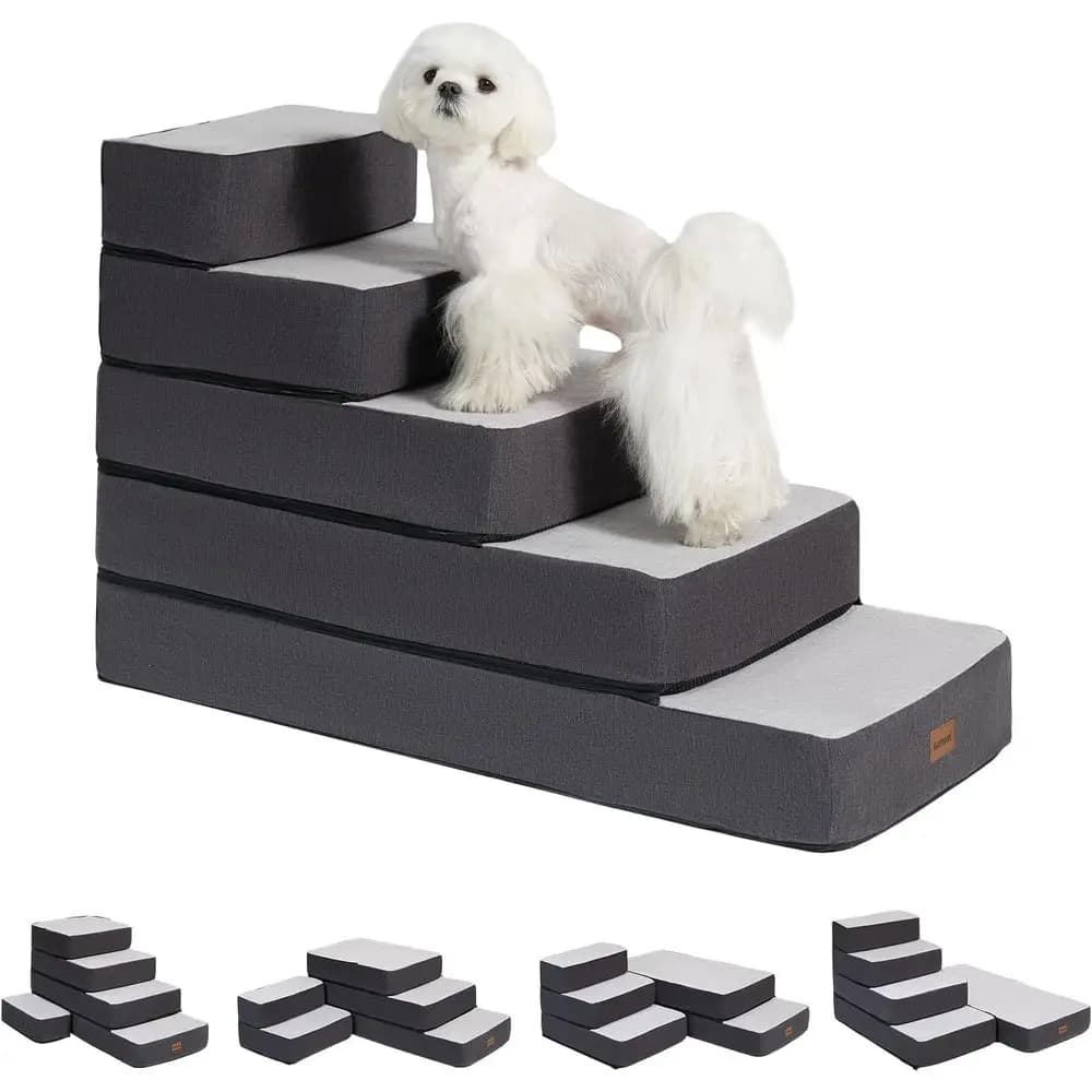 5-Step Adjustable Pet Stairs for Small Dogs and Cats, Senior Pet Steps, Non-Slip Indoor, Grey