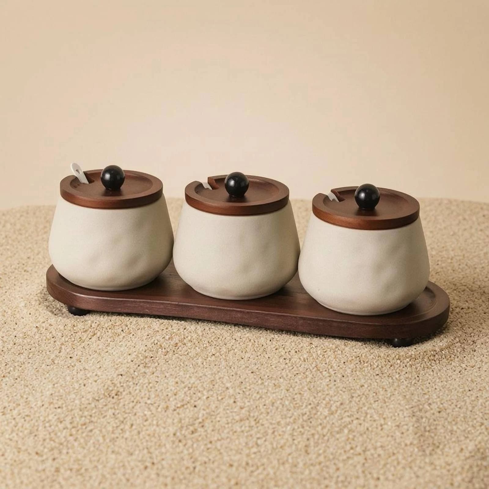 Set of 3 Ceramic Jars for Condiments with Court Feet, Containers for Spices, Compact Set for Cutters and Storage