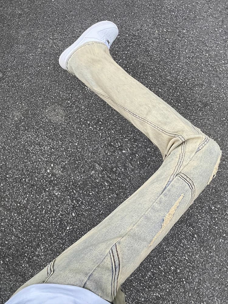 American Vibe Deconstructed Jeans Washed out Mud Color Men's Hole Street Straight Leg Micro Flared Pants mid Waist Zipper Clo...