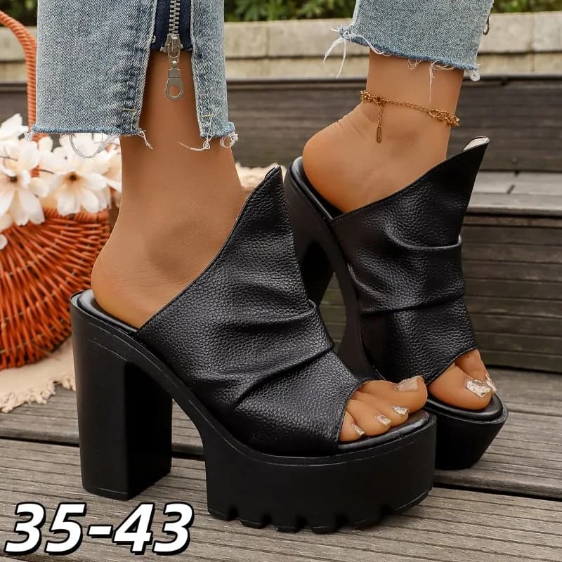 Summer New Women's Party Hot-Selling Thick-Platform, Waterproof, Super High Chunky Heel Closed-Toe PU Flats