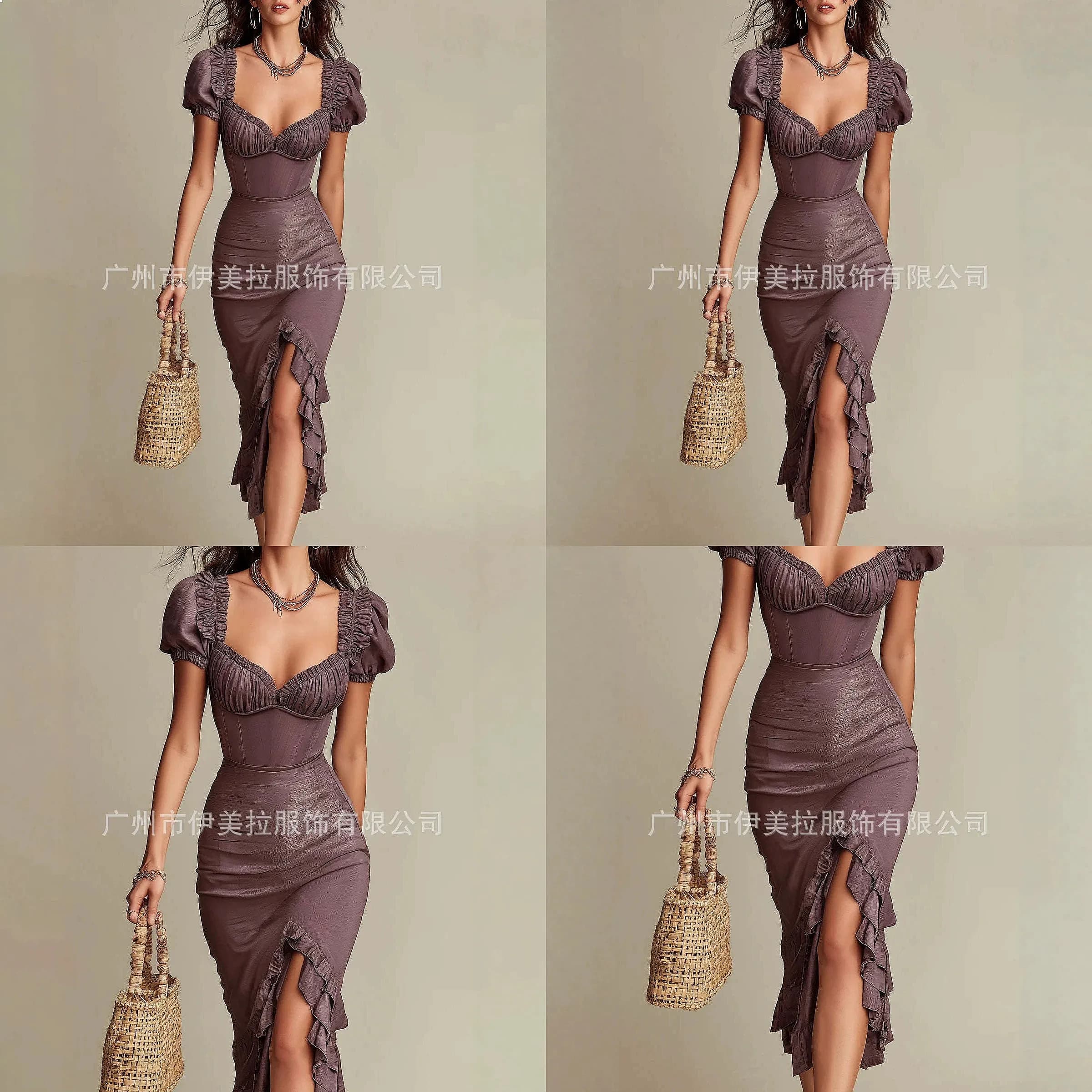 Abito Aderente Vintage Elegante Vestito Midi Slim Fit per Donna Primavera Estate Lungo da Festa