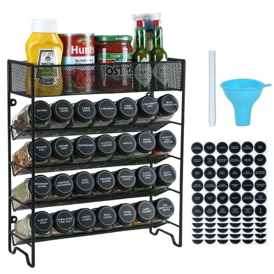 Organizer per rack con 28 barattoli di spezie, coperchi neri Etichette per spezie, penna a gesso e set di imbuti per armadietto, piano di lavoro, dispensa, armadio o