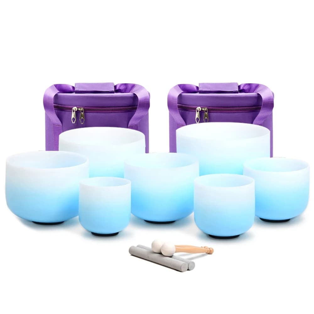 Hye-eun Blue Gradient Quartz Crystal Singing Bowls Set 7-12 Inch 440/432HZ Chakra Set of 7pcs for Sound Healing with Bag