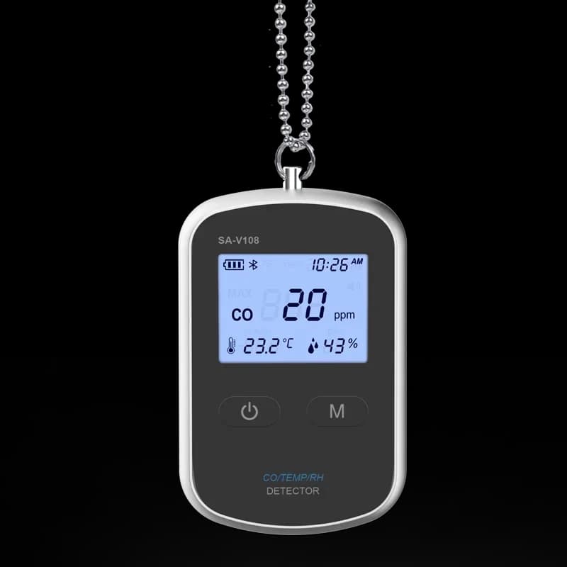 Rilevatore portatile di monossido di carbonio e fumo con allarme a 3 livelli, controllo della temperatura e batteria al litio per la sicurezza personale.