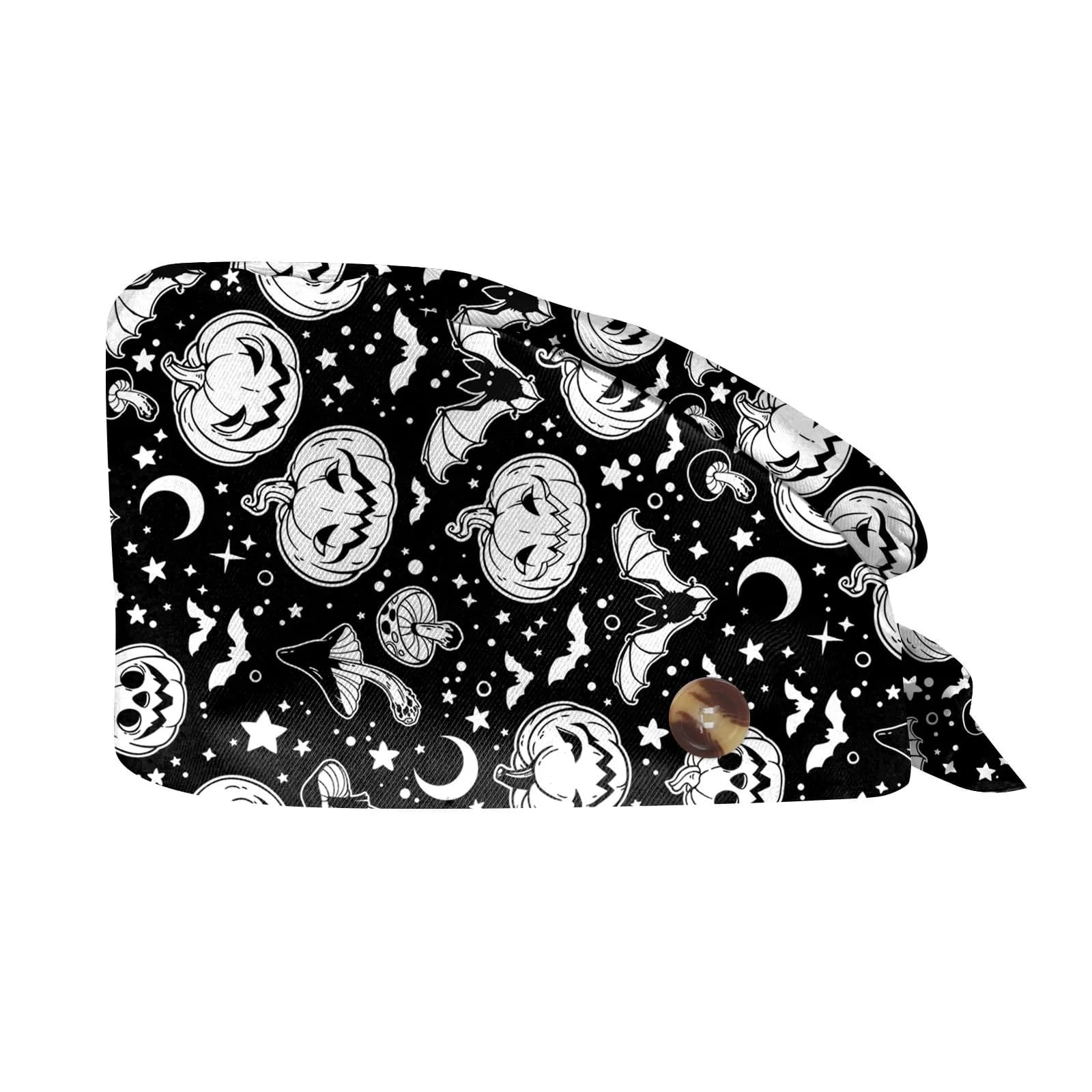 Halloween Pumpkin Skull Print Caps Adjustable Workbench for Women's Laboratory Care Scrub Hat Nurse Medical Scrub Caps