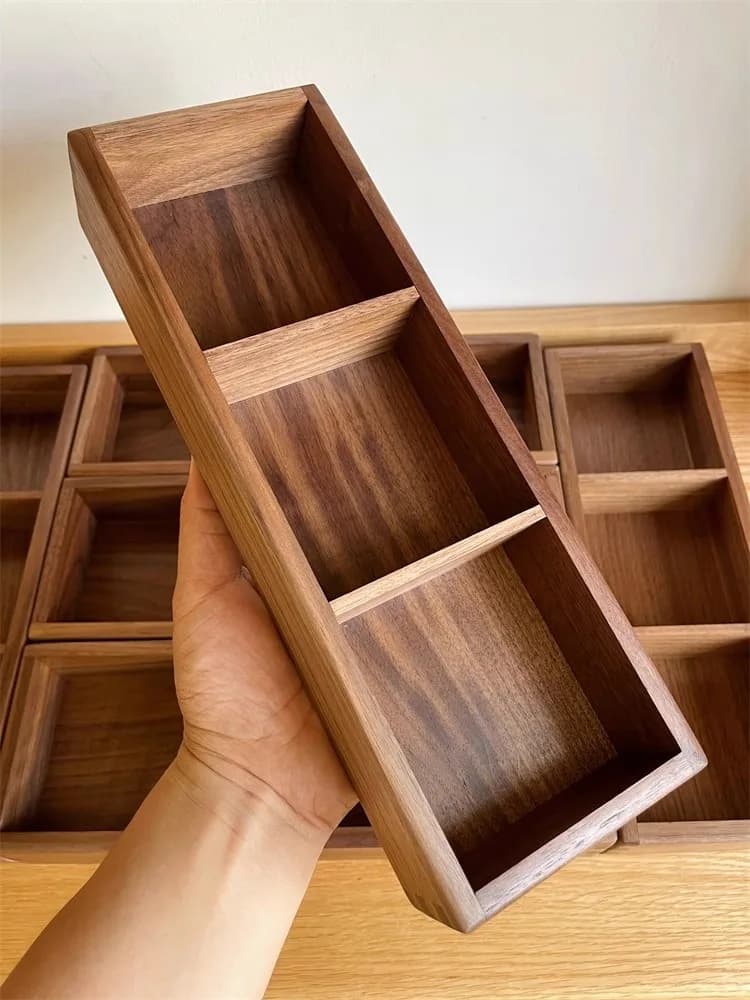 Black Walnut 3-Grids Table Organizer Solid Wood Entryway Storage Box for Sundries Office Desk Cards Box