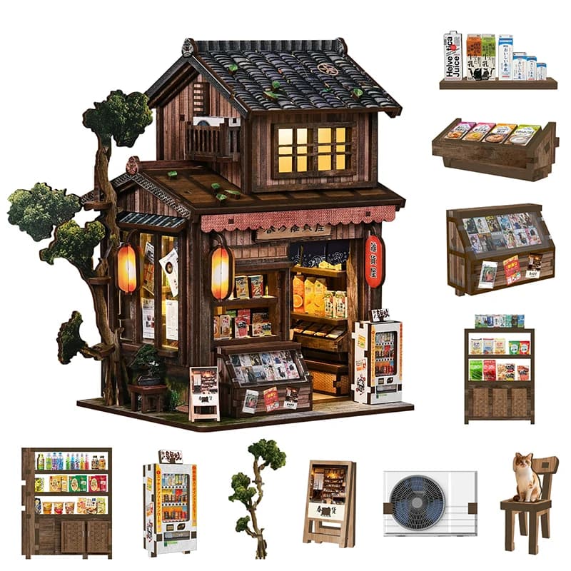 Kit Modellino in Miniatura Fai-da-Te del Negozio di Alimentari Kasuga in Legno con Mobili e Luci LED, Casa delle Bambole per Regali di Compleanno per Amici