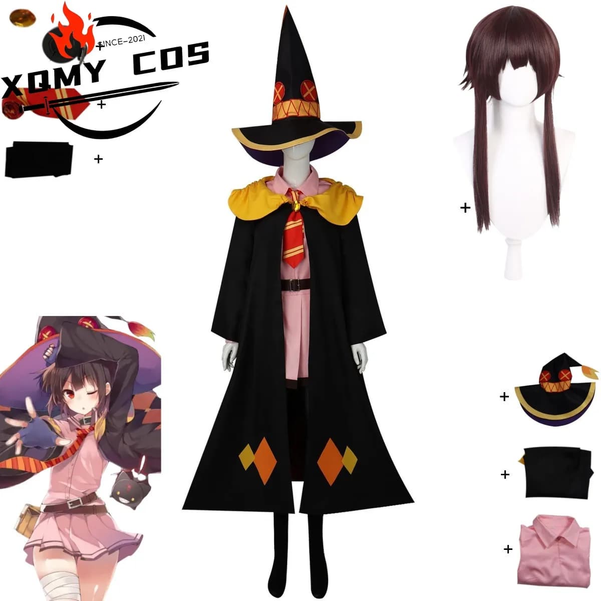 XqAnime God's Blessing on This Wonderful World Season Megumin Cosplay Costume JK Uniform Sexy Skirt Cloak Hat Wig Woman Party Su