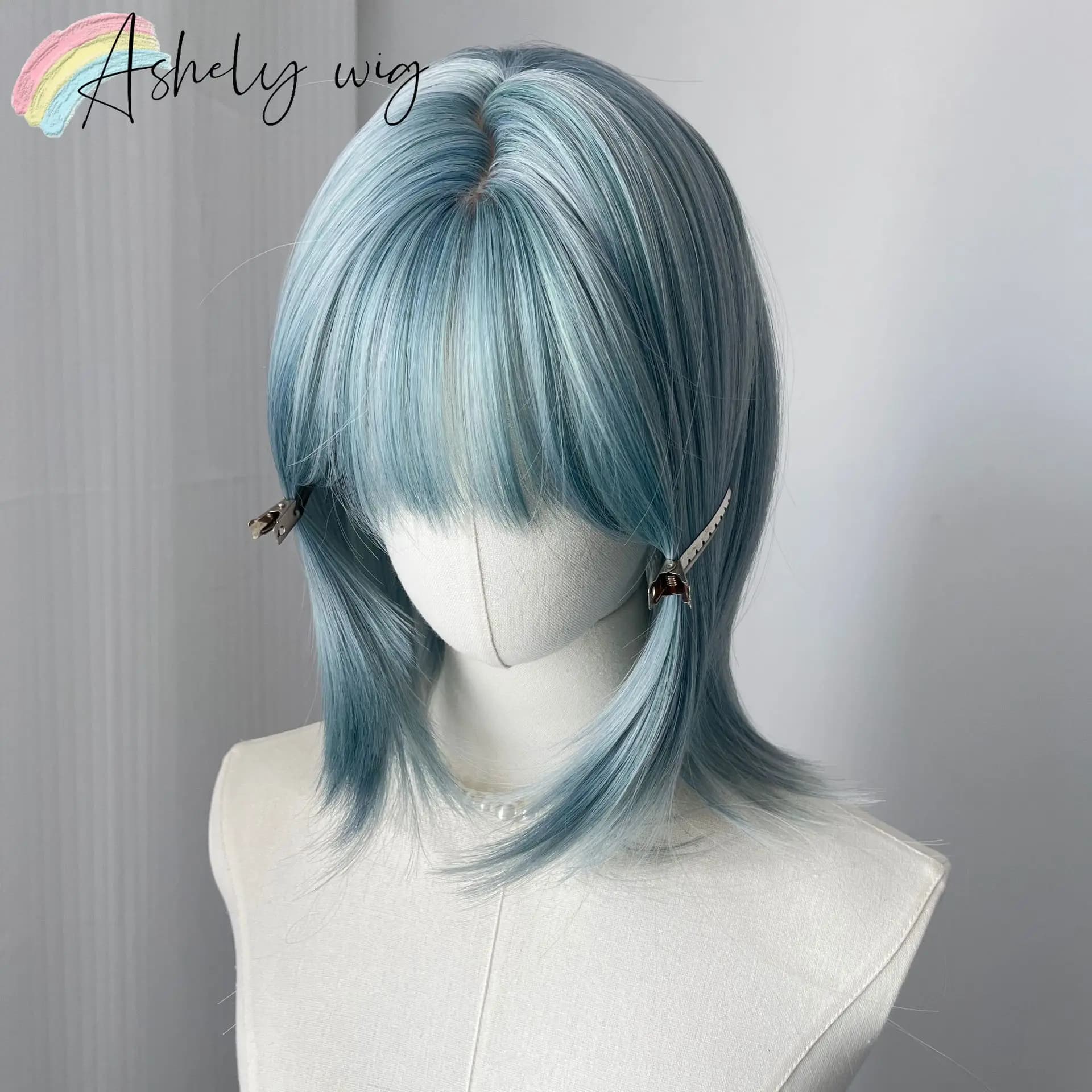 Misty Blue The Wig Features A Mullet Hairstyle Wolf Tail Hairstyle Straight Bangs Collarbone Hair Wig Natural Grayish-blue Color