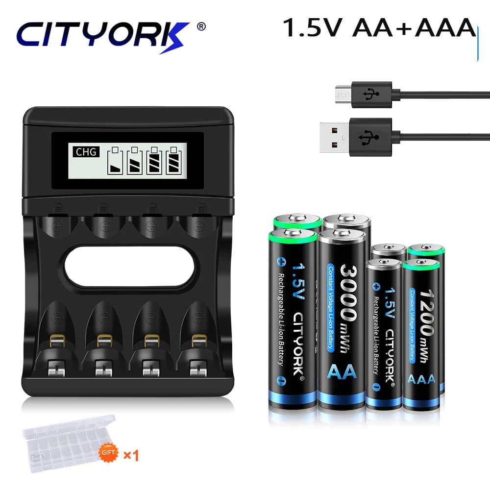 CITYORK Batteria ricaricabile agli ioni di litio da 1,5 V AAA + AA per serrature intelligenti Torcia elettrica giocattolo Batteria+caricatore LCD