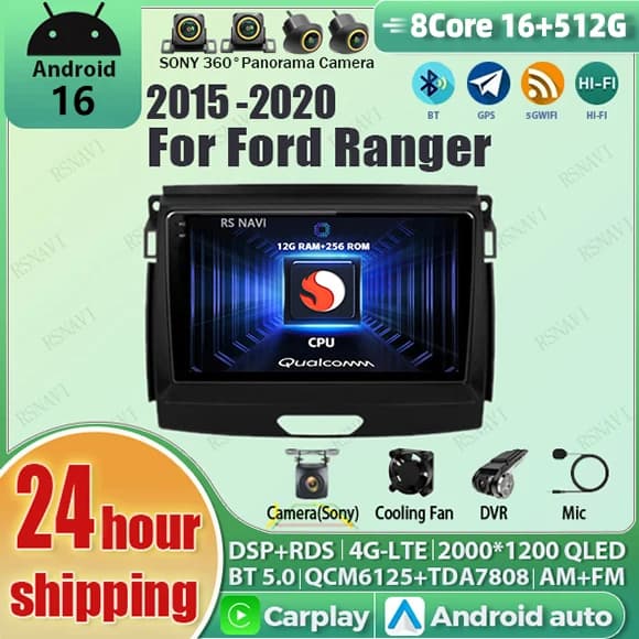 Android 16 Carplay Auto 2K Screen Car Radio Multimedia Player For Ford Everest Ranger 2015 - 2020 2din BT Stereo Wifi+4G DSP GPS