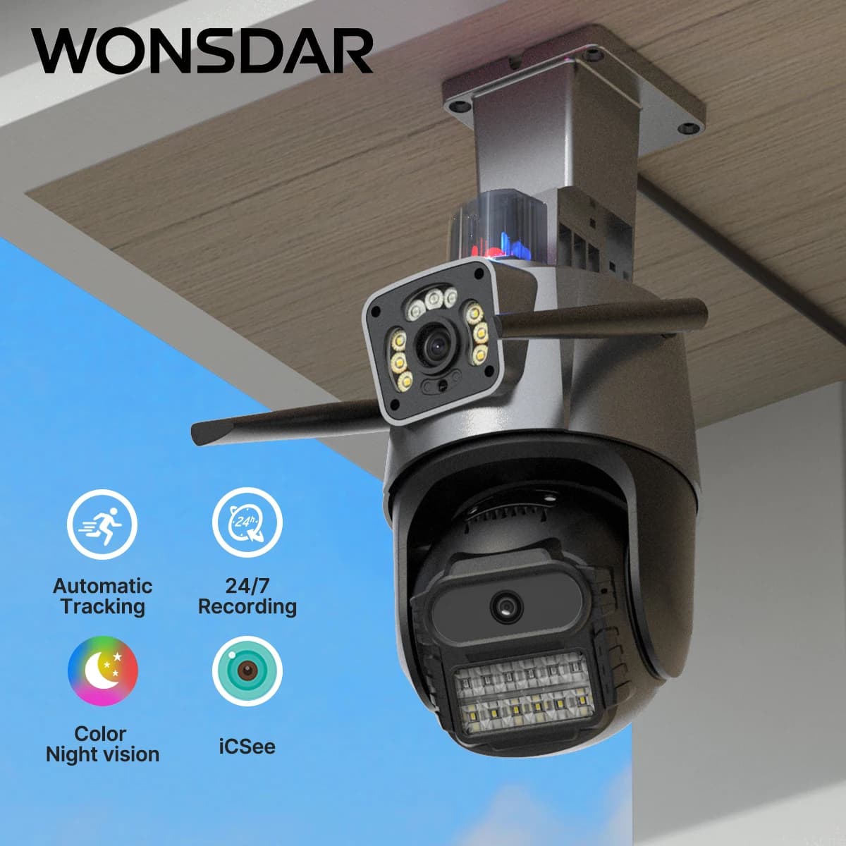 WONSDAR Telecamera PTZ WiFi da Esterno HD con Doppia Lente e Doppio Schermo, Tracciamento Automatico AI, Videosorveglianza, Allarme Luminoso per Polizia, iCSee