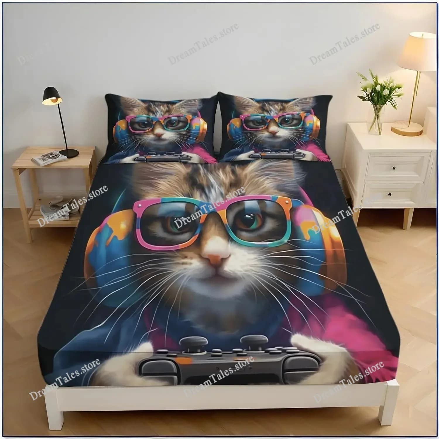 Cat Fitted Sheet and Pillowcases, Cartoon Bedding Set Small Double Size, Bedding Decor Set for Teens Boys Girls Luxury Gift