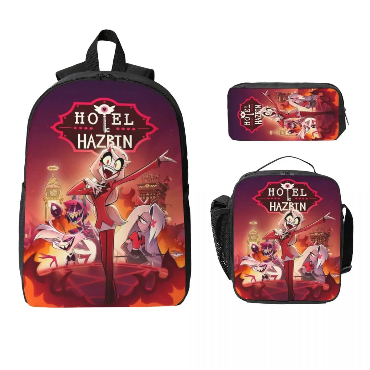 Hazbines Hoteles Alastor Vox 2 Zaino per bambini Lunch Box Scatole per matite per ragazzi Ragazze Zaini per asilo Borsa da scuola Set di zaini