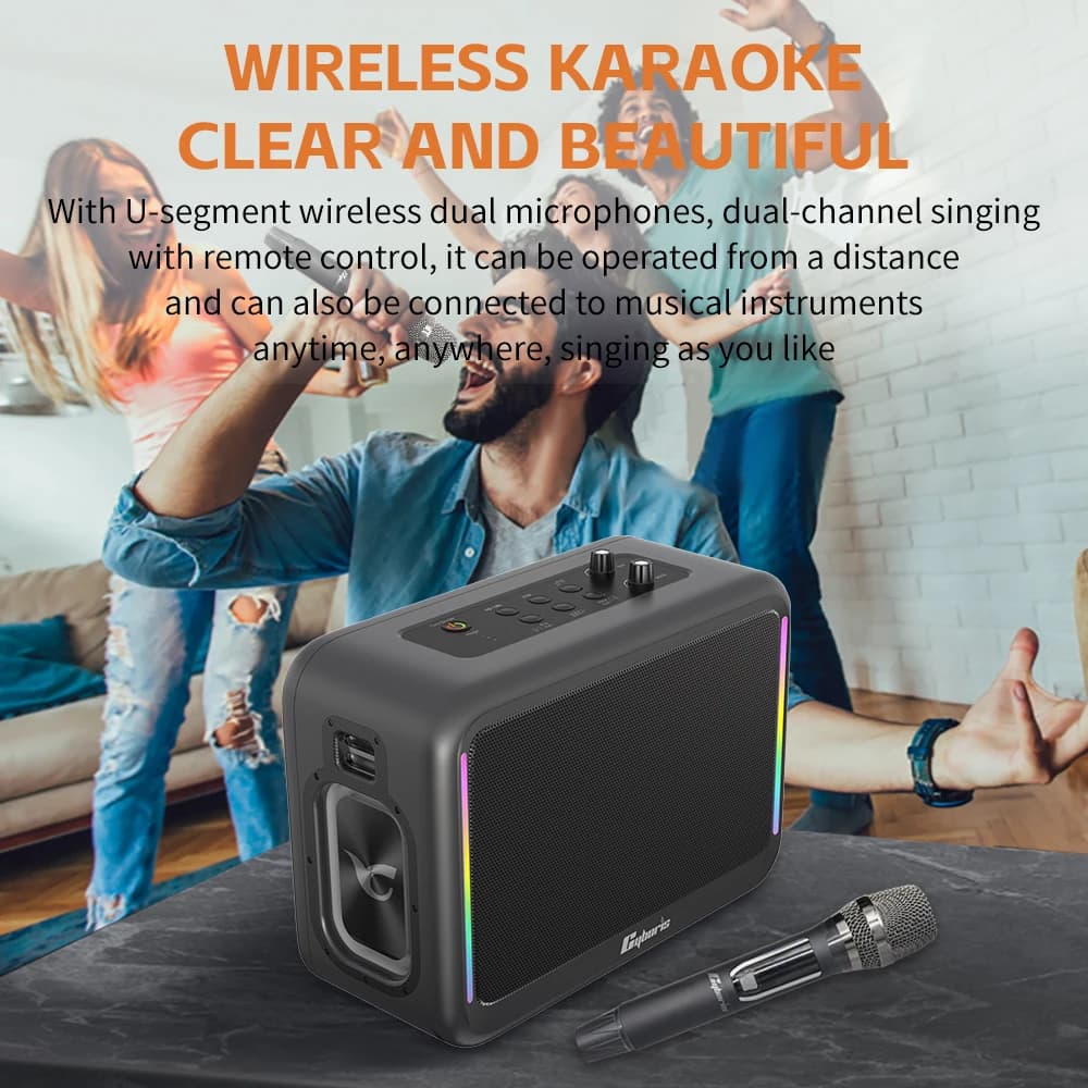 Macchina per Karaoke 2026 200W con 2 Microfoni Wireless UHF, Altoparlante Portatile con LED RGB e Funzione Power Bank