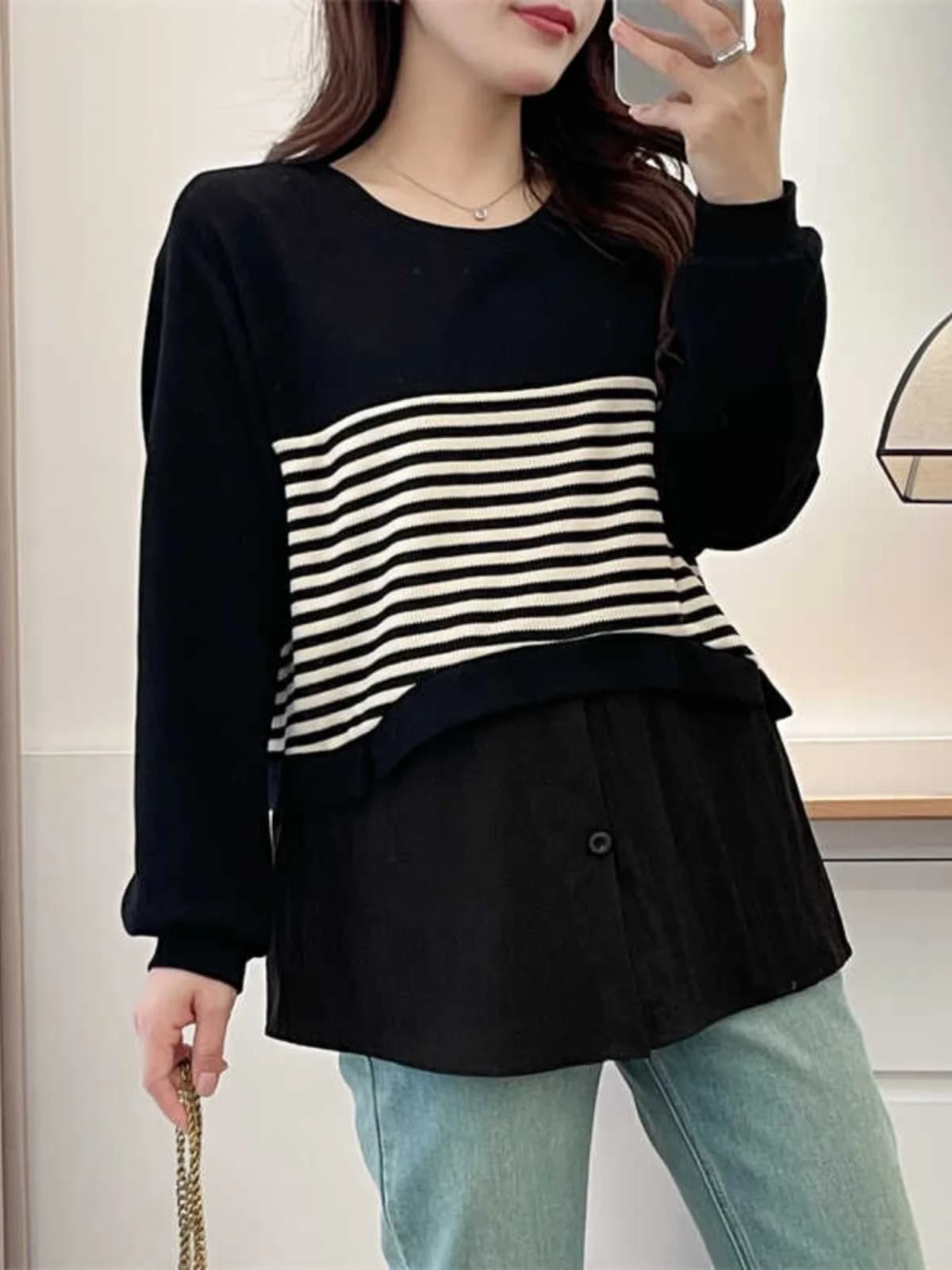 Loose Long Sleeve Striped Patchwork Hoodie Fake Two-Piece T-Shirt Women's Fashion Spring Autumn plus Size Base Shirt