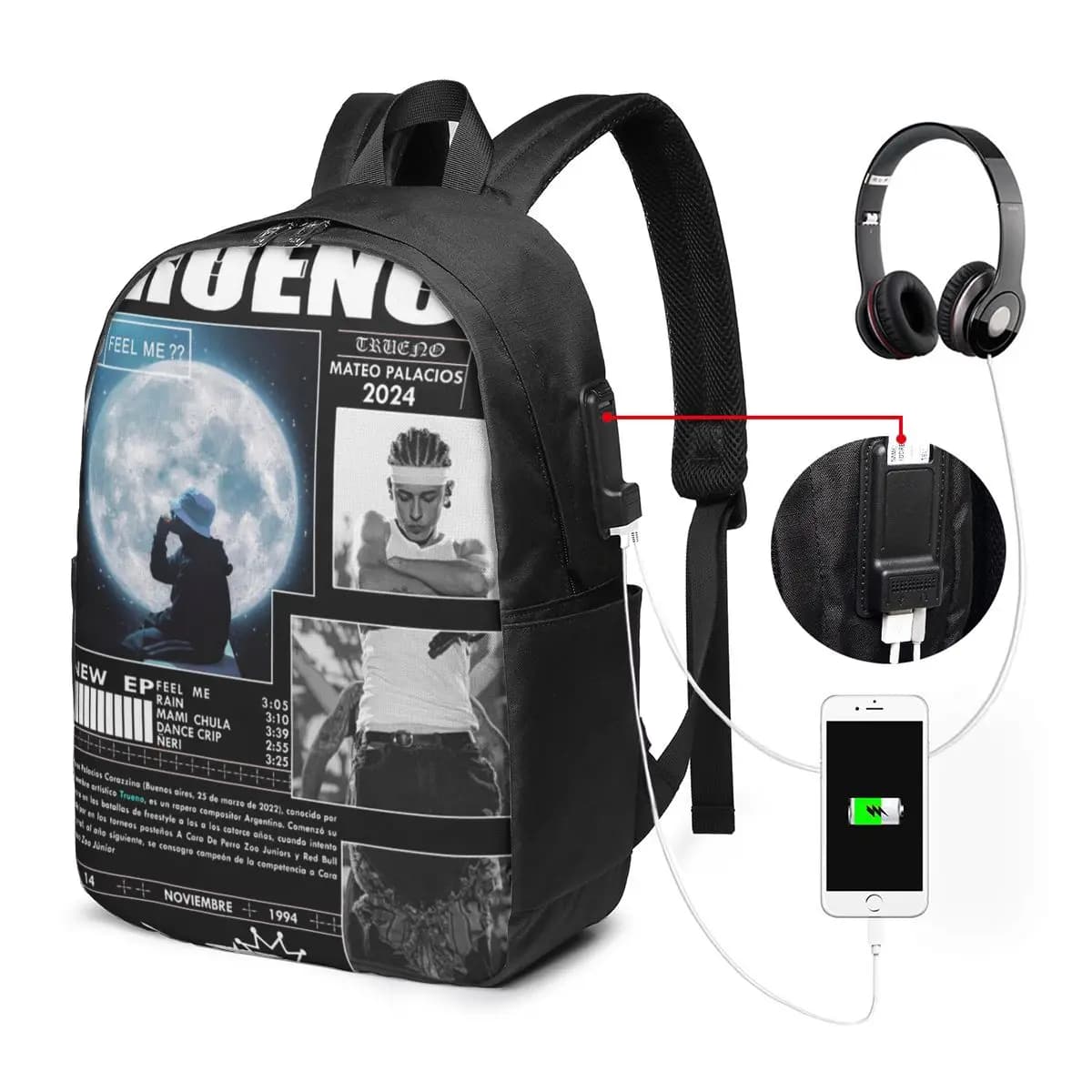 Divertente Zaino Hip Hop Trueno per Rapper, Borsa da Viaggio per Notebook, Borsa per Computer, Borsa Scolastica per Studenti Universitari, Borsa a Tracolla per Laptop per Uomini e Donne