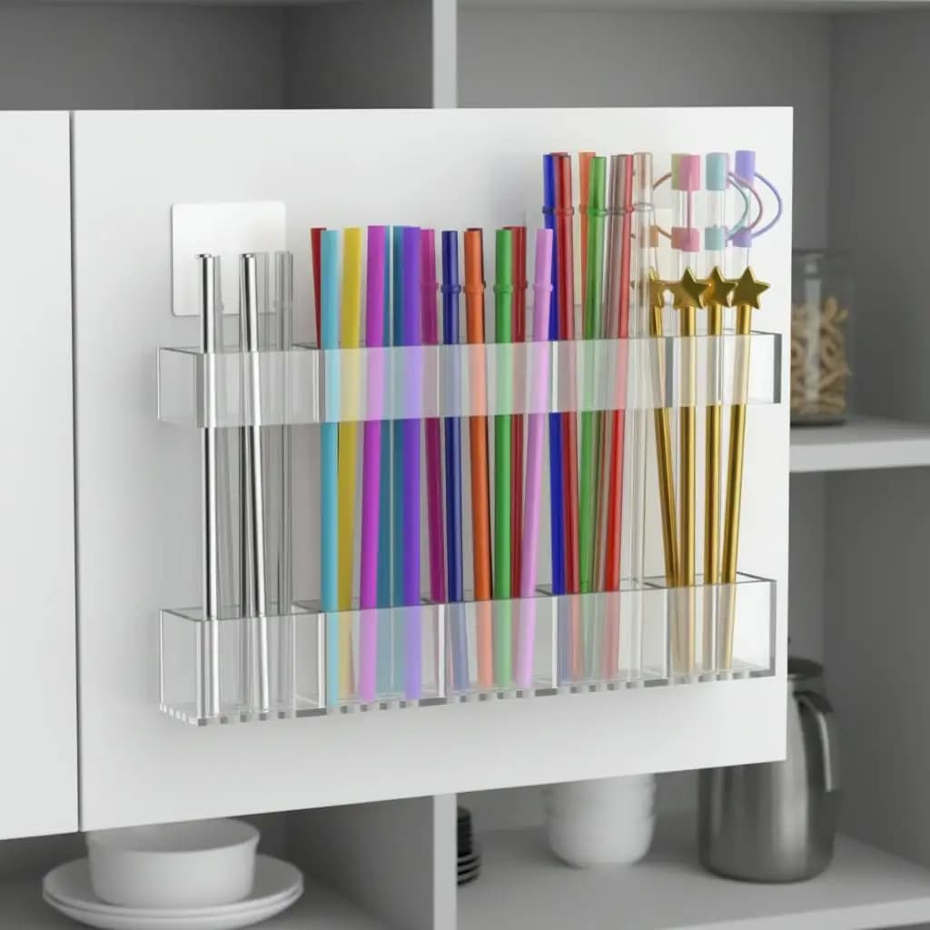 9.5 Inch Large Clear Acrylic Straw Organizer Reusable Stick-On Storage Holder Box Strong Adhesive Space Saving Wall Mounted Kitchen Accessories for Cabinet Doors Cupboards Countertops