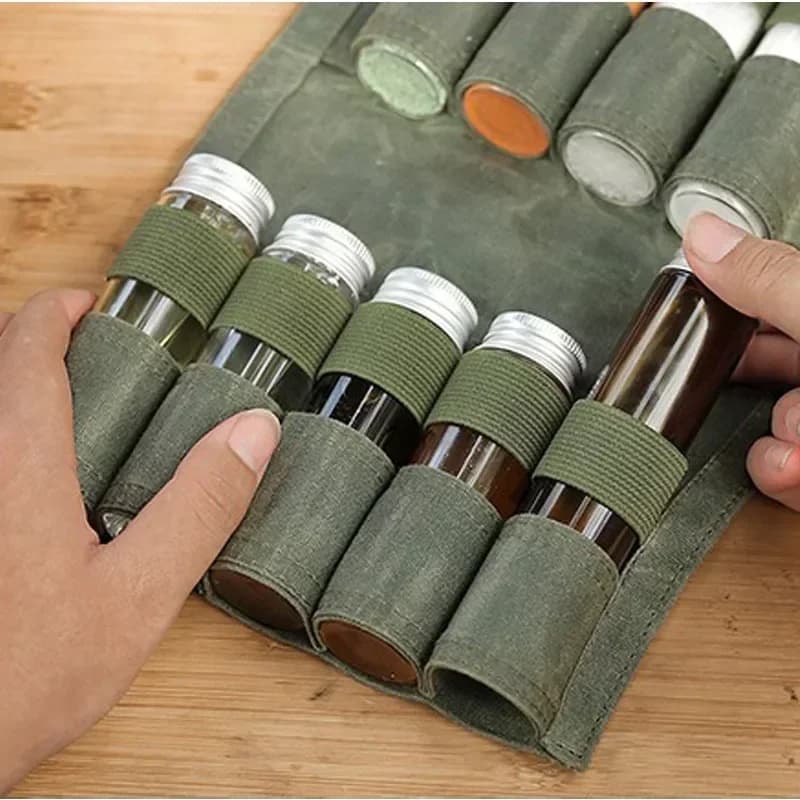 Borsa per la conservazione delle spezie con 9 vasetti per spezie Set di contenitori per condimenti Organizer Kit per barbecue da picnic da campeggio all'aperto