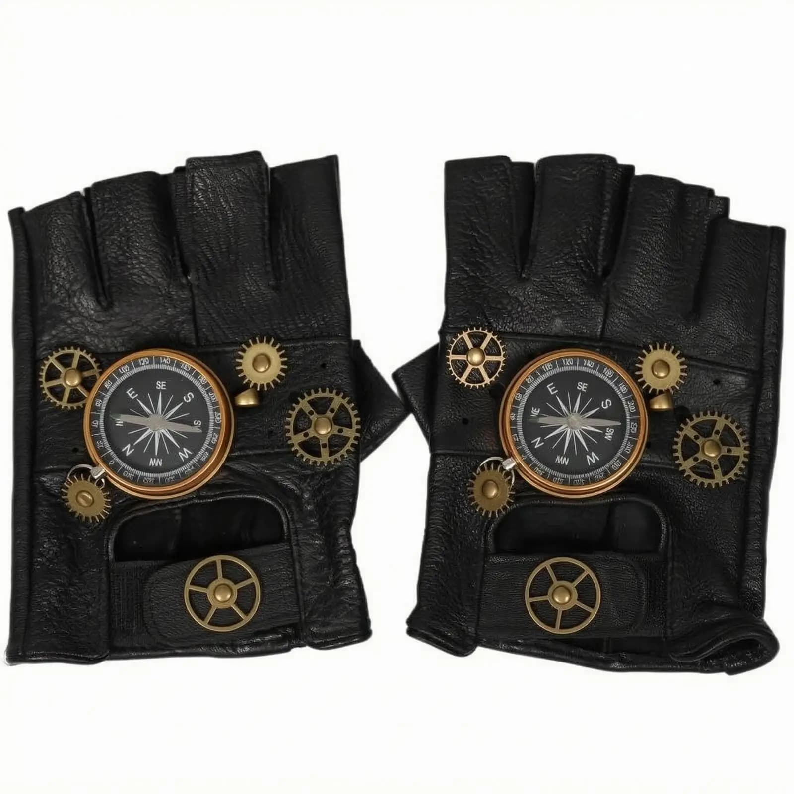 Steampunk Fingerless Gloves Gold-Gilded Gear Embellishments Details Black Leather Fingerless Gloves Compass Dial