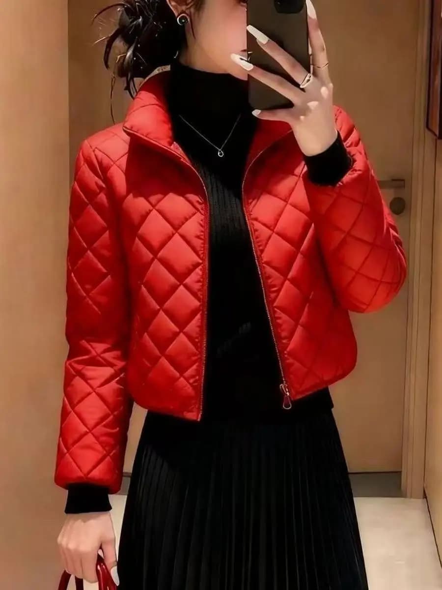 Slim Fit Short Quilted Cotton Jacket Women's Stand Collar Red Winter Outerwear Fashionable Warmth Stylish Checkered Pattern
