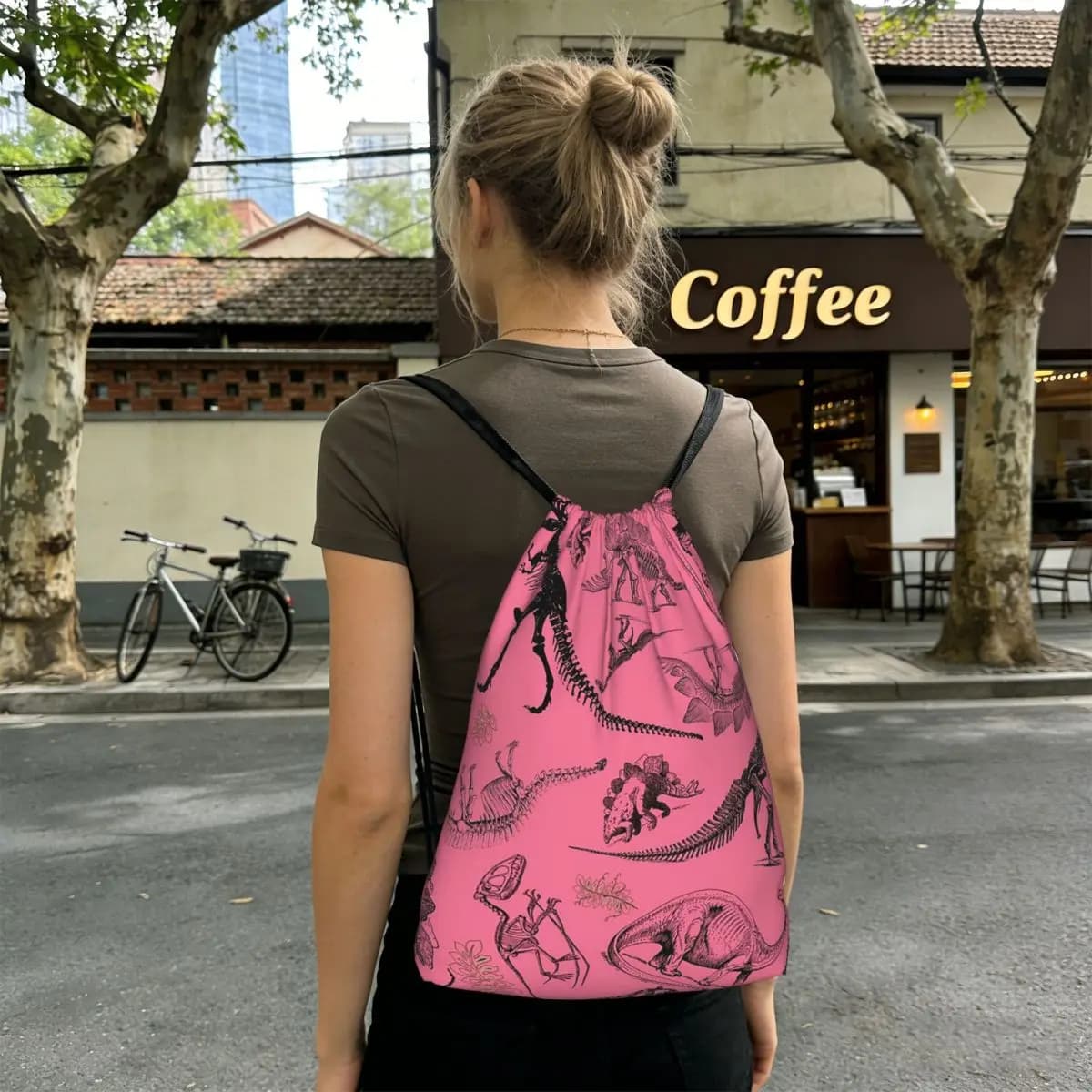 Zaini con motivi di fossili di dinosauri rosa, borse alla moda con coulisse, borse portaoggetti, borse per libri per viaggi e scuola