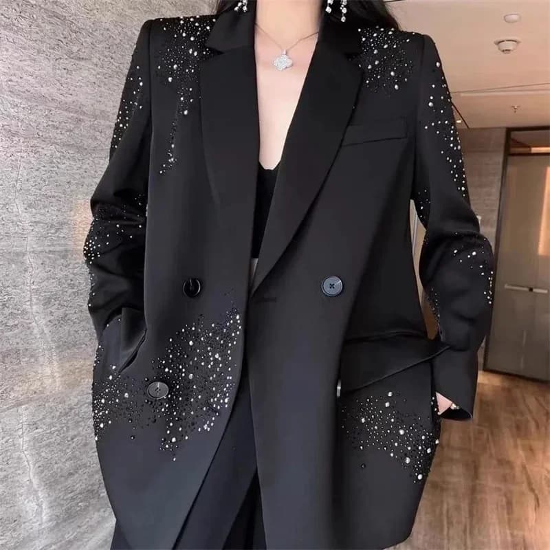 Black High-grade Rhinestone Small Suit Jacket Female Coats 2025 Spring Autumn Double-breasted Loose Casual Fashion Blazer Tops